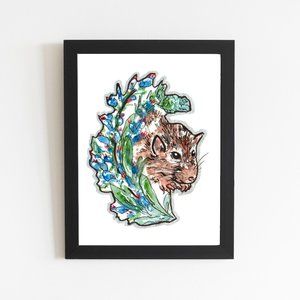 Rat Art Print with Blue Flowers, Art Portrait Lover Gift, Rodent Pet Love